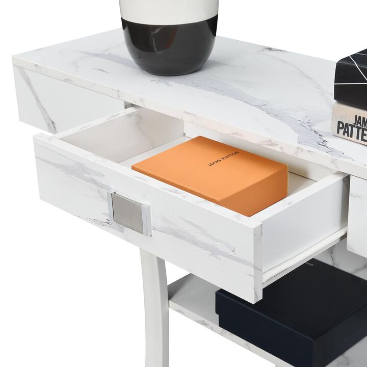 Convenience Concepts Newport 1 Drawer Harri Console Table with Shelves, White Faux Marble/White Base