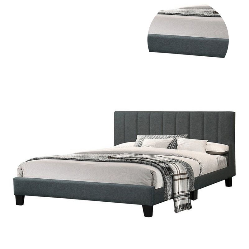 Eve Platform Queen Size Bed, Vertical Channel Tufting, Charcoal Upholstery - Benzara