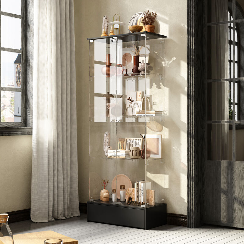 FUFU&GAGA Glass Display Cabinet with 4 Adjustable Shelves, Metal Base Drawer, (27.6" W x 13.8" D x 70.9" H), Black
