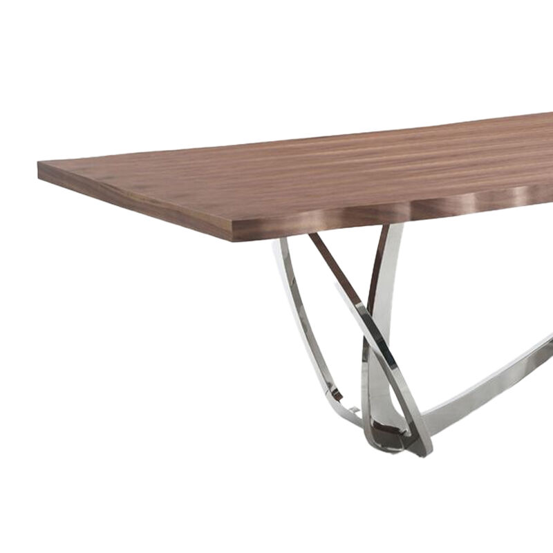 Ady Dining Table, 43x95 Walnut Top, Modern Chrome Steel Abstract Base - Benzara