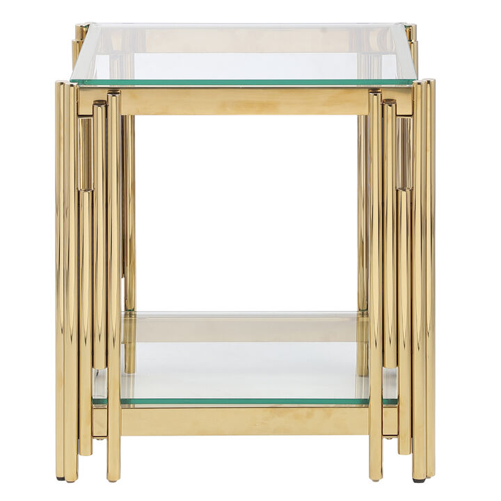 Furniture Wide Square End Table with Glass Top, Golden Stainless Steel Tempered Glass Coffee Table for Living Room