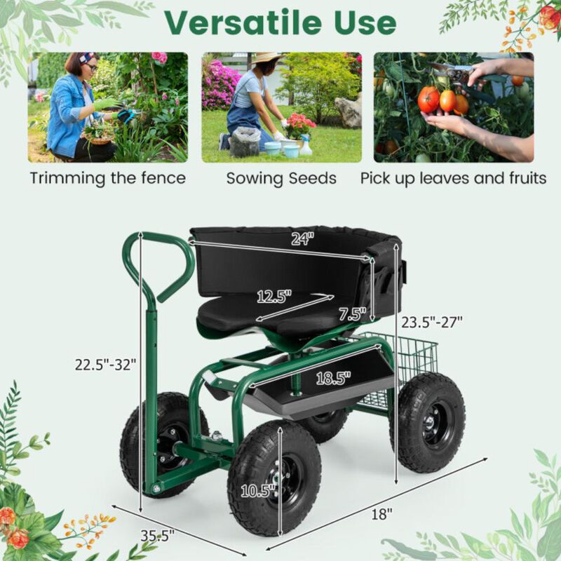 Hivvago Cushioned Rolling Garden Cart Scooter with Storage Basket and Tool Pouch