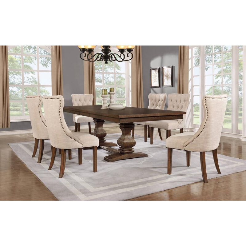 Classic 7pc Dining Set w/Uph Side Chairs Tufted & Naildhead Trim, Table w/Center 18" Leaf