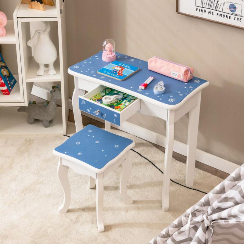 Hivvago Princess Vanity Table and Chair Set with Tri-Folding Mirror and Snowflake Print