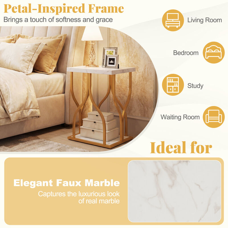 Faux Marble Bedside Night Stand with Petal-Inspired Metal Frame image number 6