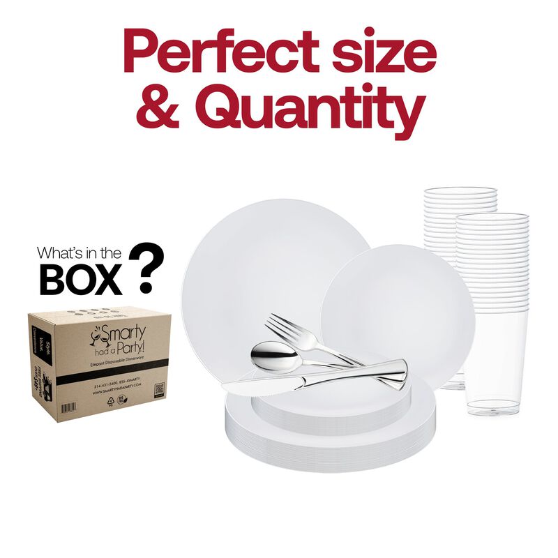 White with Silver Rim Organic Round Plastic Wedding Value Set (30 Sets) image number 3
