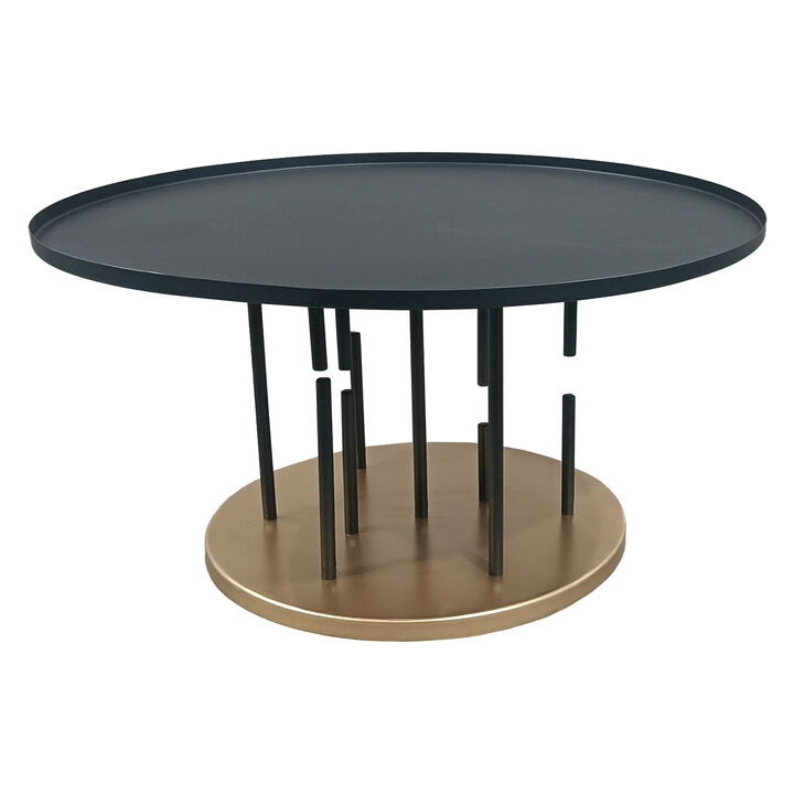 Neci 31 Inch Coffee Table, Round Matte Black Tray Top, Modern Rod Supports with Brass Base - Benzara
