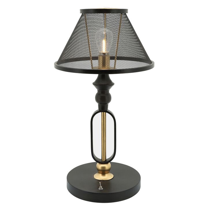 19 Inch Table Lamp, Round Metal Mesh Shade, Hollow Body, Black, Gold Stand