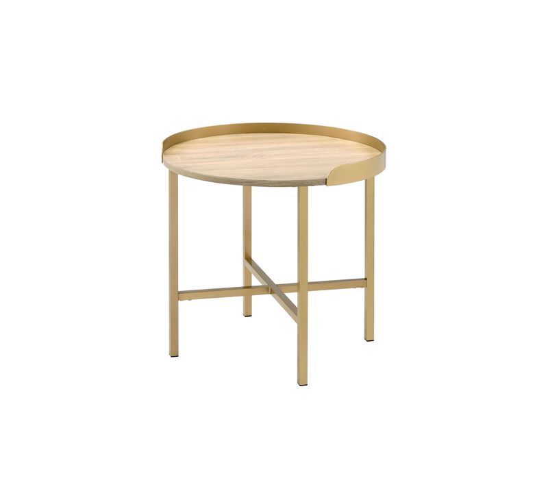 ACME Mithea End Table, Oak Table Top & Gold Finish
