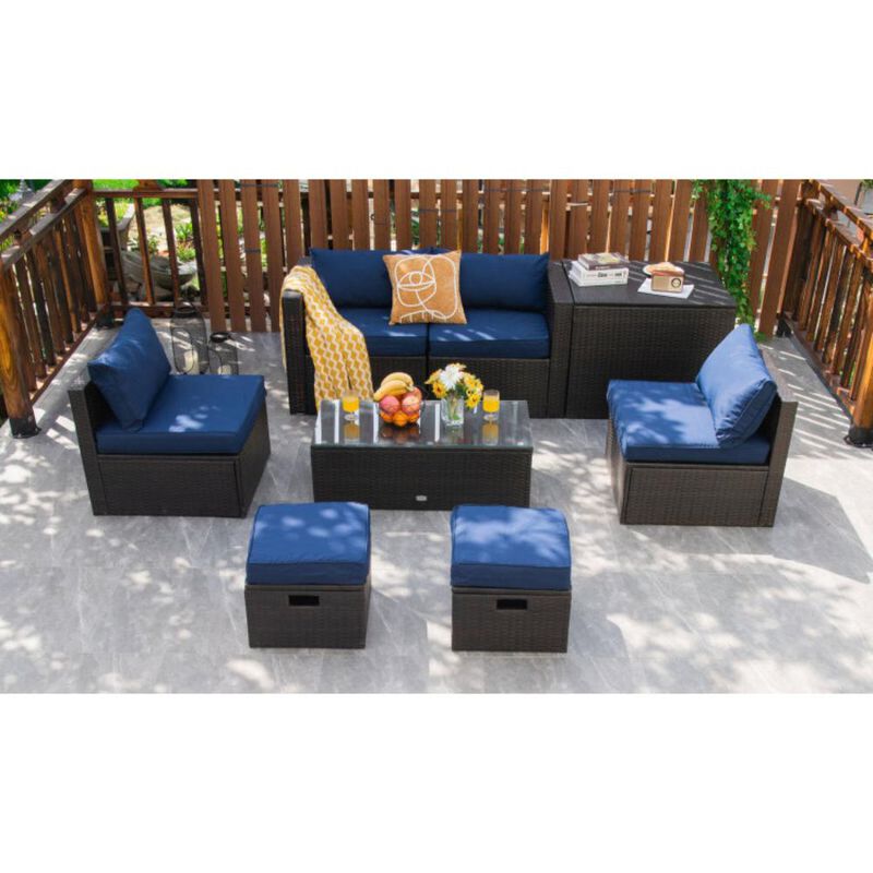 Hivvago 8 Pieces Patio Space-Saving Rattan Furniture Set with Storage Box and Waterproof Cover