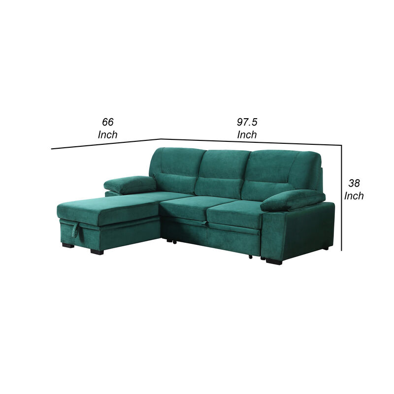 Exie 98 Inch 2 Piece Sectional Sofa, Pull Out Bed, Storage, Green Velvet
