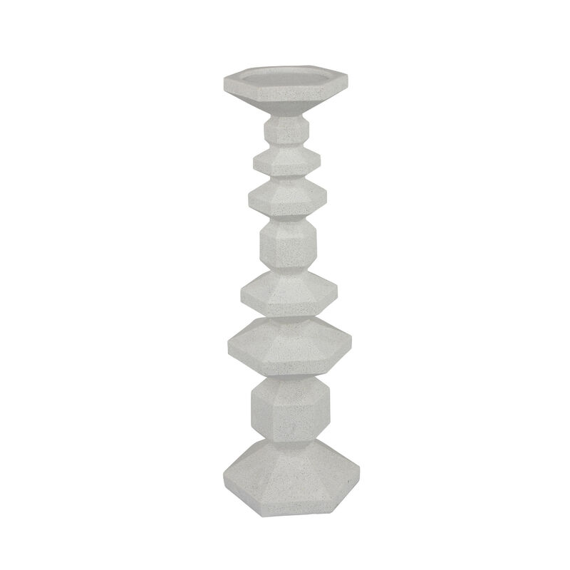 Tabletop Pillar Candle Stand, Stacked Geometric Shapes, White Resin 18 Inch image number 2