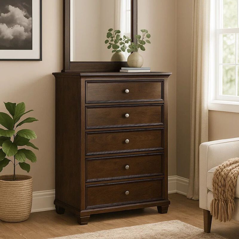 Reno Tall Dresser Chest, 5 Drawer Nickel Round Knobs, Brown Solid Wood image number 6