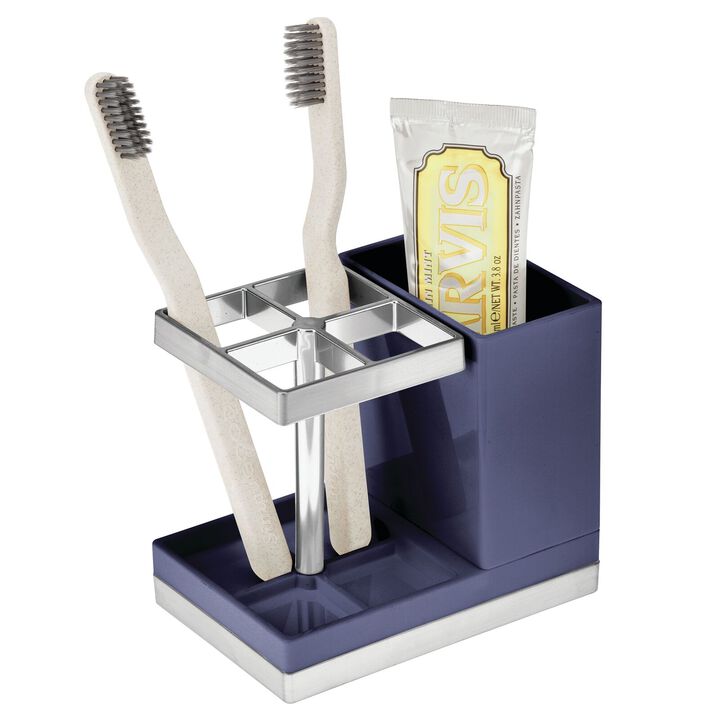mDesign Plastic Toothbrush, Toothpaste Storage Organizer Holder - White/Brushed