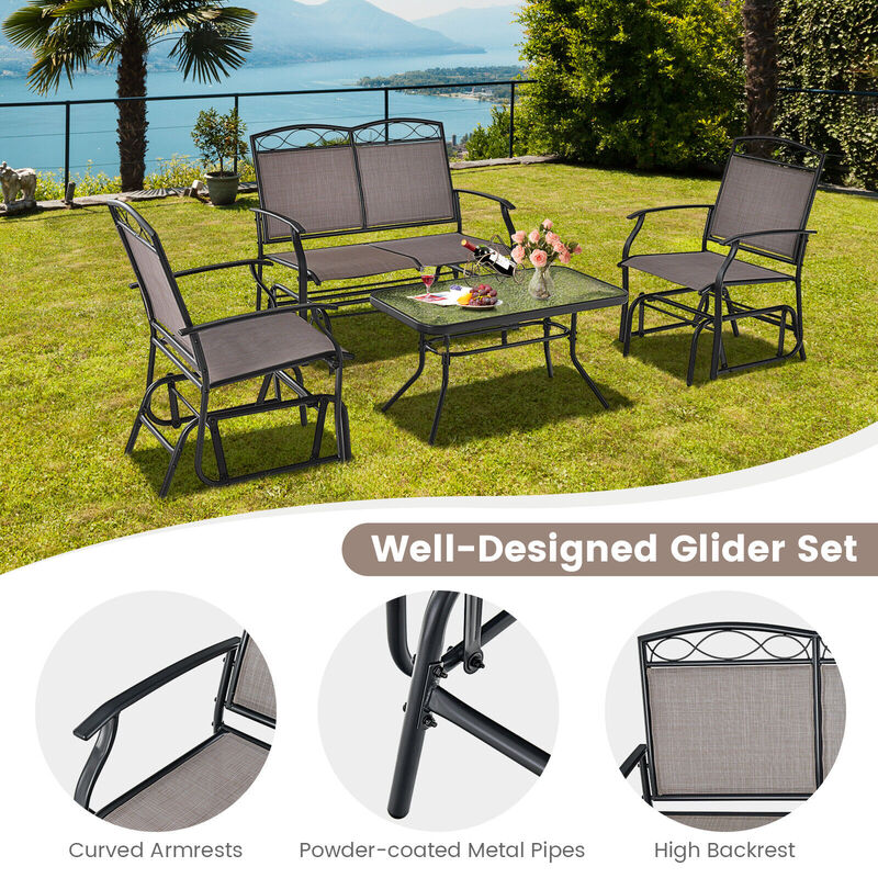 4 Piece Patio Glider Conversation Set with Tempered Glass Table Top