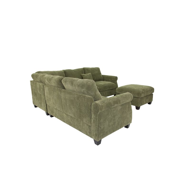 Fero 4pc L Sectional Sofa, Wedge n Ottoman Set, Sage Green Corduroy