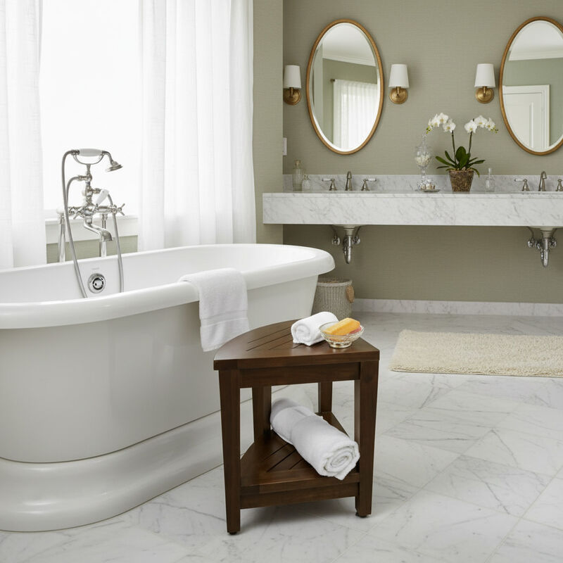 DecoTeak SnazzyCorner 23" Teak Wood Extended Height Corner Shower Bench with Shelf in Woodland Brown Finish - Extended Height