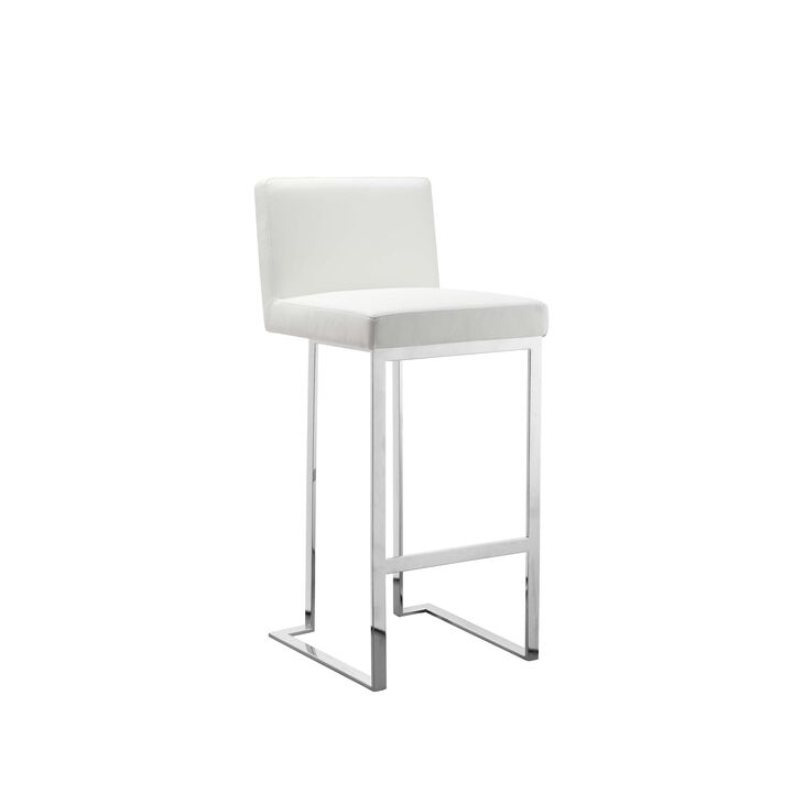 Boly 30 Inch Barstool Chair, White Faux Leather, Cushions, Chrome Steel - Benzara