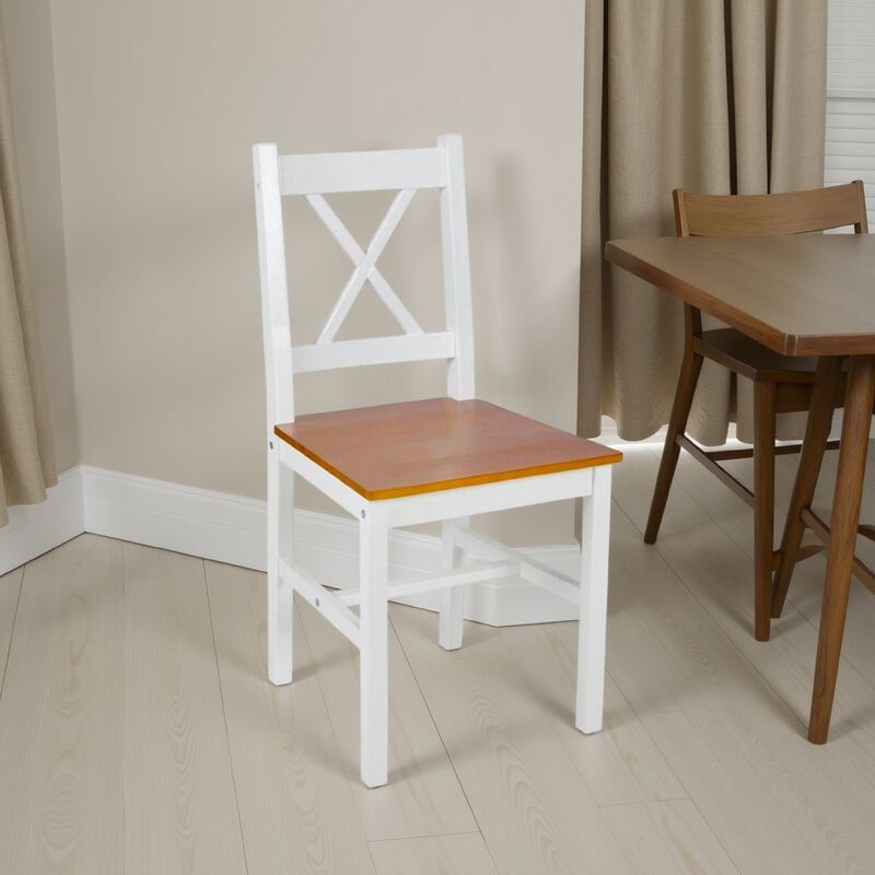 Dining Side Chair Set of 2, X Back Design, White, Brown Pine Wood - Benzara