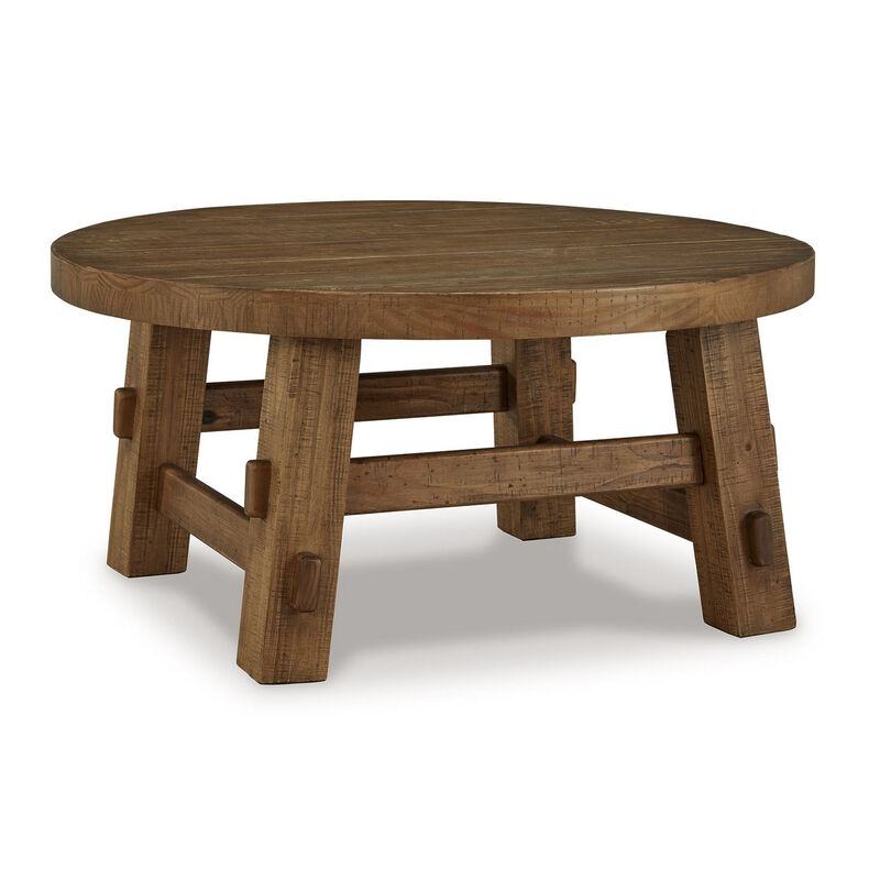 Ack Round Cocktail Coffee Table, Block Legs, 40 Inch Brown Pine Wood