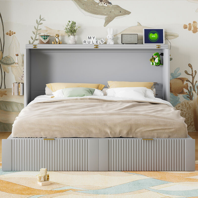 Whisen Clever Design Queen Size Murphy Bed, Folded into a Cabinet with Drawer and USB Ports