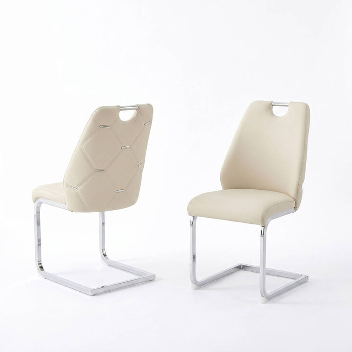 Set of 2 PU Leather Dining Chairs, High Back Upholstered Dining Chair with Ring Pull Handle, Modern Rectangular Back Dining Chair
