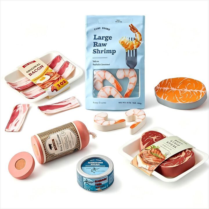 Wooden Play Food for Kids Kitchen, Pretend Food Meat Set Toy - 6Pcs Seafood & Meat Set for Kid, Play Kitchen Accessories, Montessori Toy