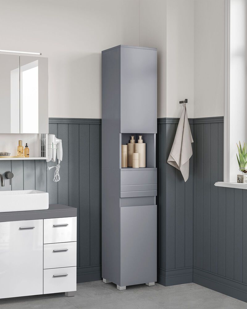 Slim Bathroom Storage Cabinet with Shelves and Drawer for Small Space Organization