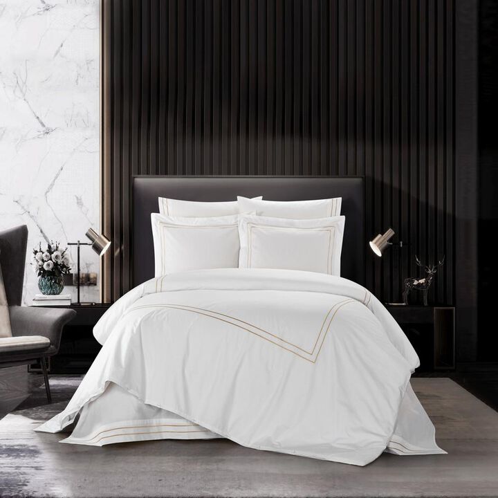 Chic Home Alford Organic Cotton Duvet Cover Set Dual Stripe Embroidered Border Hotel Collection Bed In A Bag Bedding - Includes Sheets Pillowcases Pillow Shams - 7 Piece - King 106x96, Gold