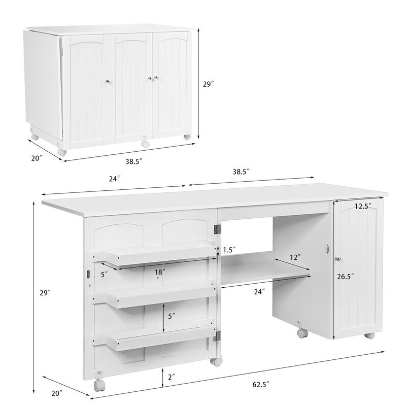Folding Sewing Table Shelves Storage Cabinet Craft Cart with Wheels image number 4