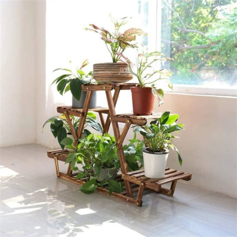 Solid Wood Corner Plant Stand &ndash; 6-Tier Triangular Shelf for Indoor and Outdoor Use