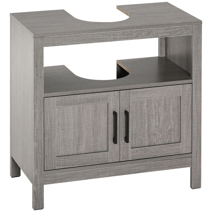 Wooden Pedestal Under Sink Storage Cabinet, Bathroom Organizer w/ 2 Doors, Grey