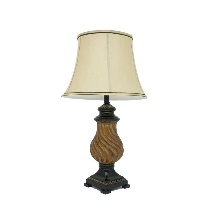 29 Inch Table Lamp, Traditional Round Beige Fabric Shade, Brown Plinth Base-Benzara