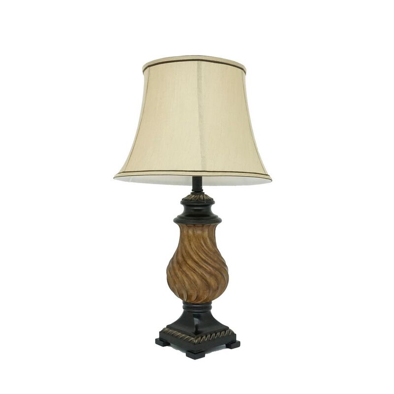 29 Inch Table Lamp, Traditional Round Beige Fabric Shade, Brown Plinth Base - Benzara image number 0
