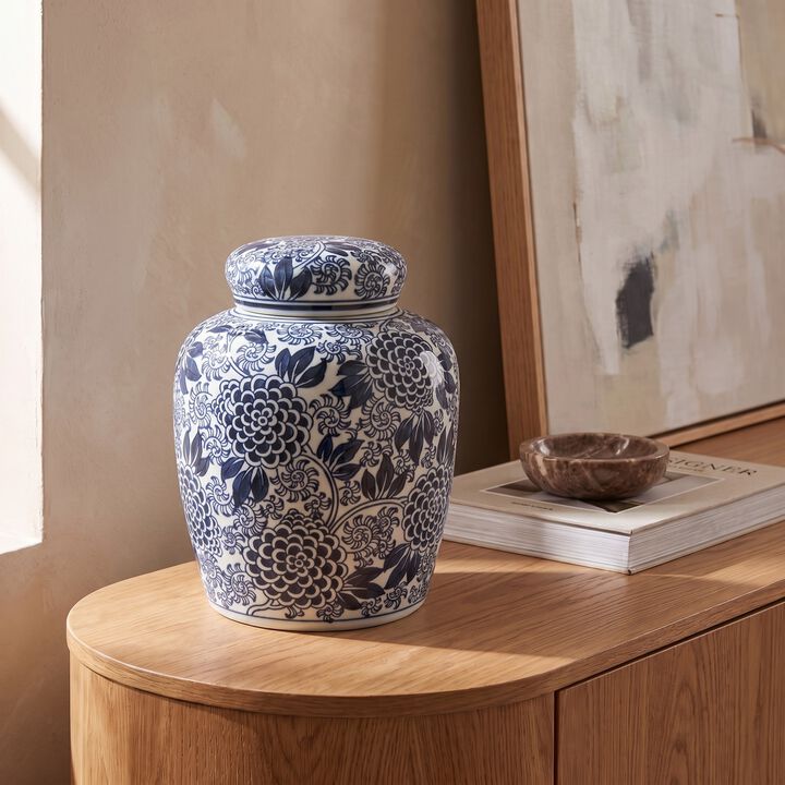 Decorative Chrysanthemum Ceramic Ginger Jar with Lid, Blue and White