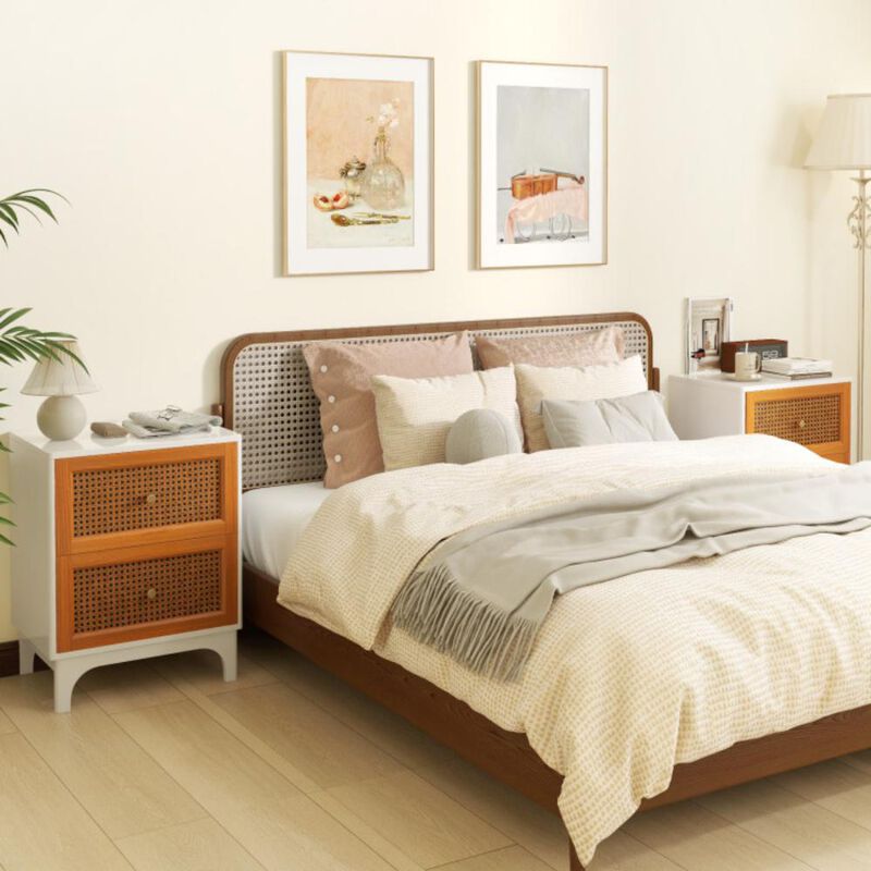 Hivvago Boho Accent Table Nightstand with 2 Handwoven Rattan Decorated Drawers