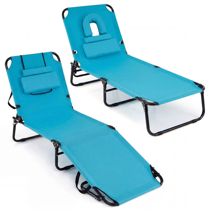 Set of 2 Folding Tanning Chairs with Face Hole and 3 Removable Pillows