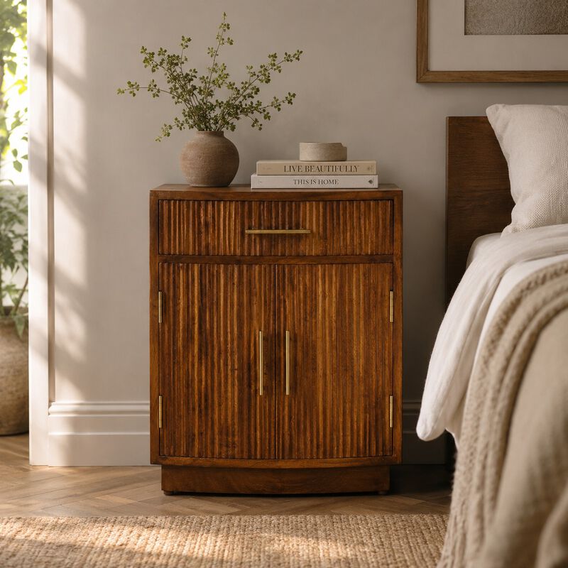 Artisan Furniture Solid Wood Milan Fluted Bedside Cabinet, Brown image number 1
