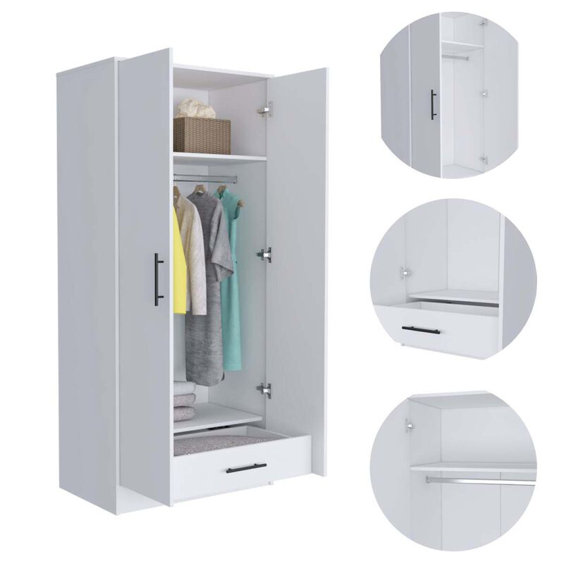 Ambery 180 Armoire, Two Shelves, Double Door, Metal Rod, One Drawer -White