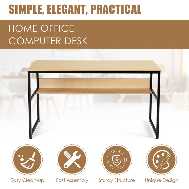 Costway 55'' Computer Desk Writing Table Workstation Home Office w/Bookshelf Natural