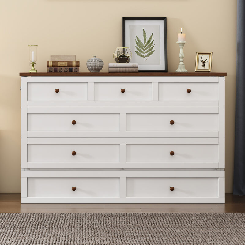 Solid Pine Murphy Bed Chest with Charging Station and Large Storage Drawer for Home Office or Small Room, Queen, White+Walnut