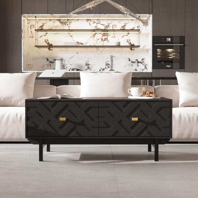 FUFU&GAGA Black Modern Coffee Table with 4-Drawer Storage, Wood Grain Top, 3D Textured Drawers, Gold Tapered Pulls (47.2" W x 23.6" D x 20.5" H)