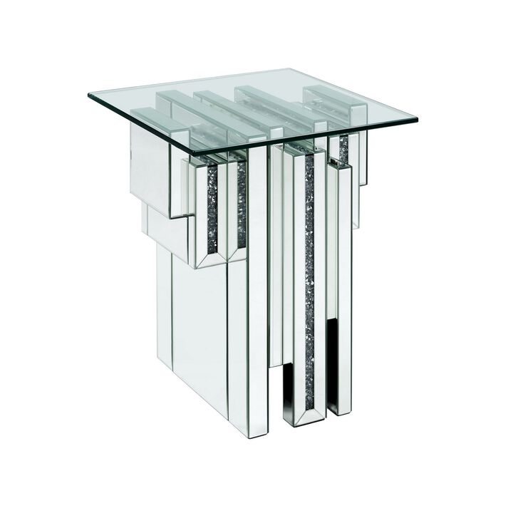 Glass Top End Table with Mirror Panels and Faux Gemstone Accents, Silver-Benzara