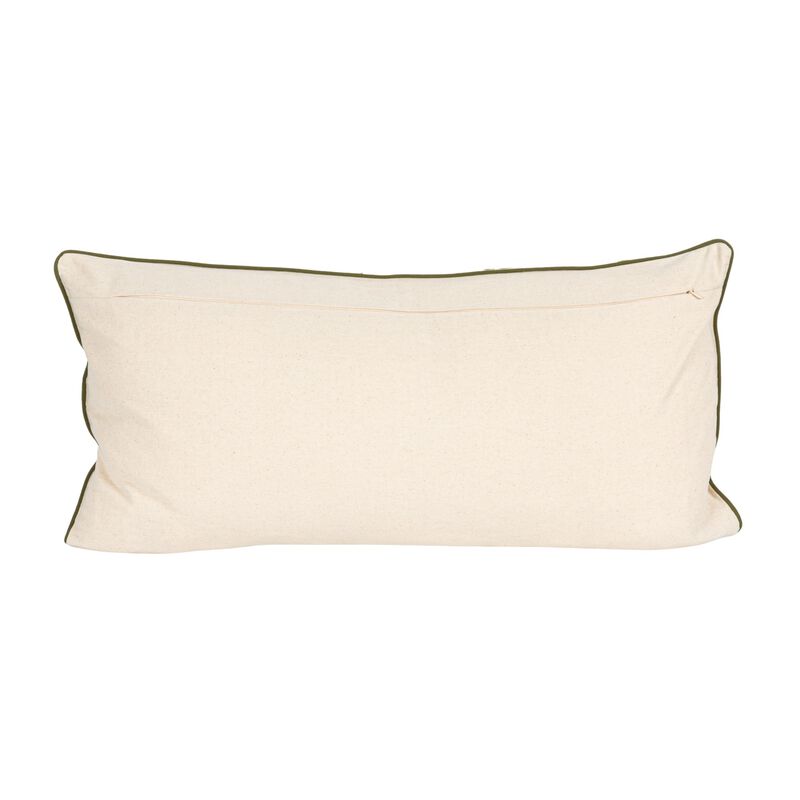Cotton Lumbar Pillow with Fern Fronds Embroidery, Cream and Green image number 3