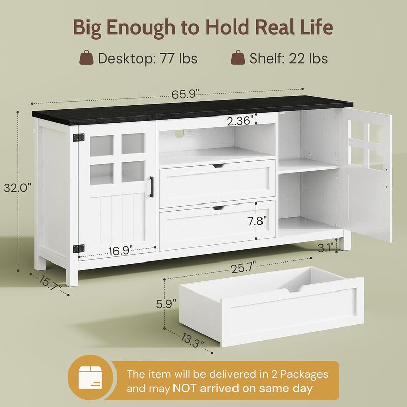 TV Stand for 65 70 75 Inch TVs, Entertainment Center with Adjustable Shelves, 2 Barn Doors and Drawers, Media Cabinet for Living Room, Bedroom image number 2