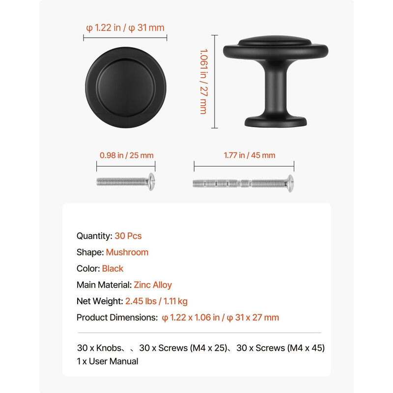 30 Pack Black Cabinet Knobs, Zinc Alloy Mushroom Drawer Pulls with Screws image number 2