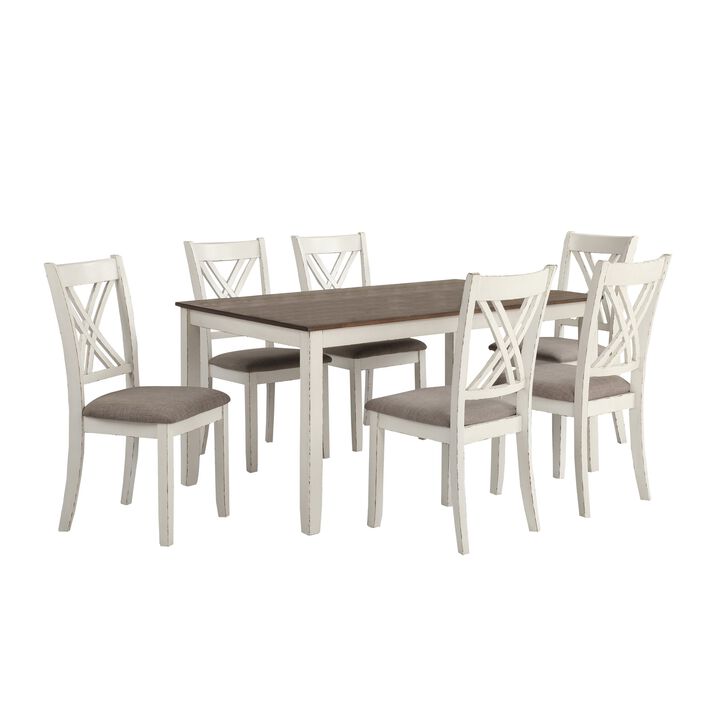 7 Piece Dining Set, Dry Brushed Weathered Wood Surface, Gray Upholstery - Benzara