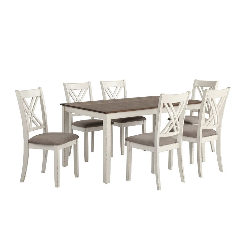 7 Piece Dining Set, Dry Brushed Weathered Wood Surface, Gray Upholstery - Benzara