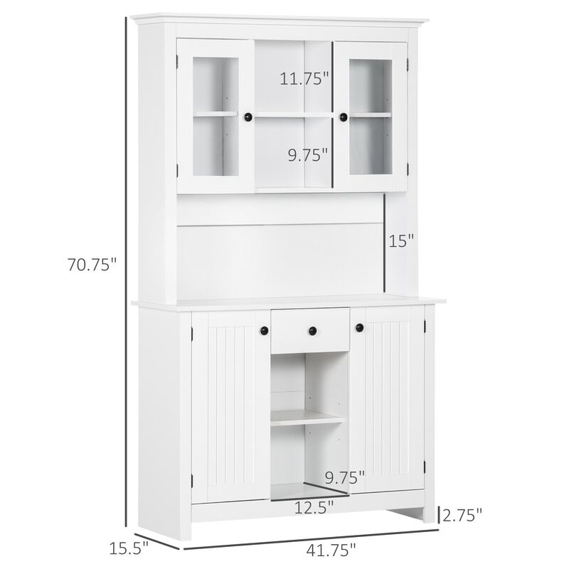 Freestanding Rustic Buffet with Hutch, 4 Door Farmhouse Kitchen Pantry Cabinet, Microwave Stand with Beadboard Panel, Drawer and Adjustable Shelves, White