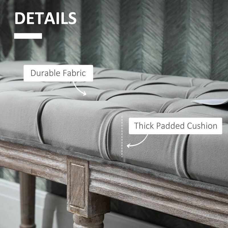 Padded Hallway Bench with Tufted Velvet Touch Fabric and Rubberwood Legs, Grey